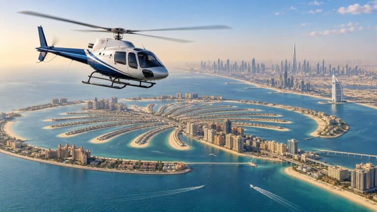 AI-generated illustration of a sightseeing helicopter above Dubai's coast, with Palm Jumeirah, Burj Al Arab and the distant skyline