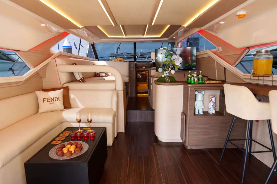 Interior lounge and seating aboard the 55-foot yacht